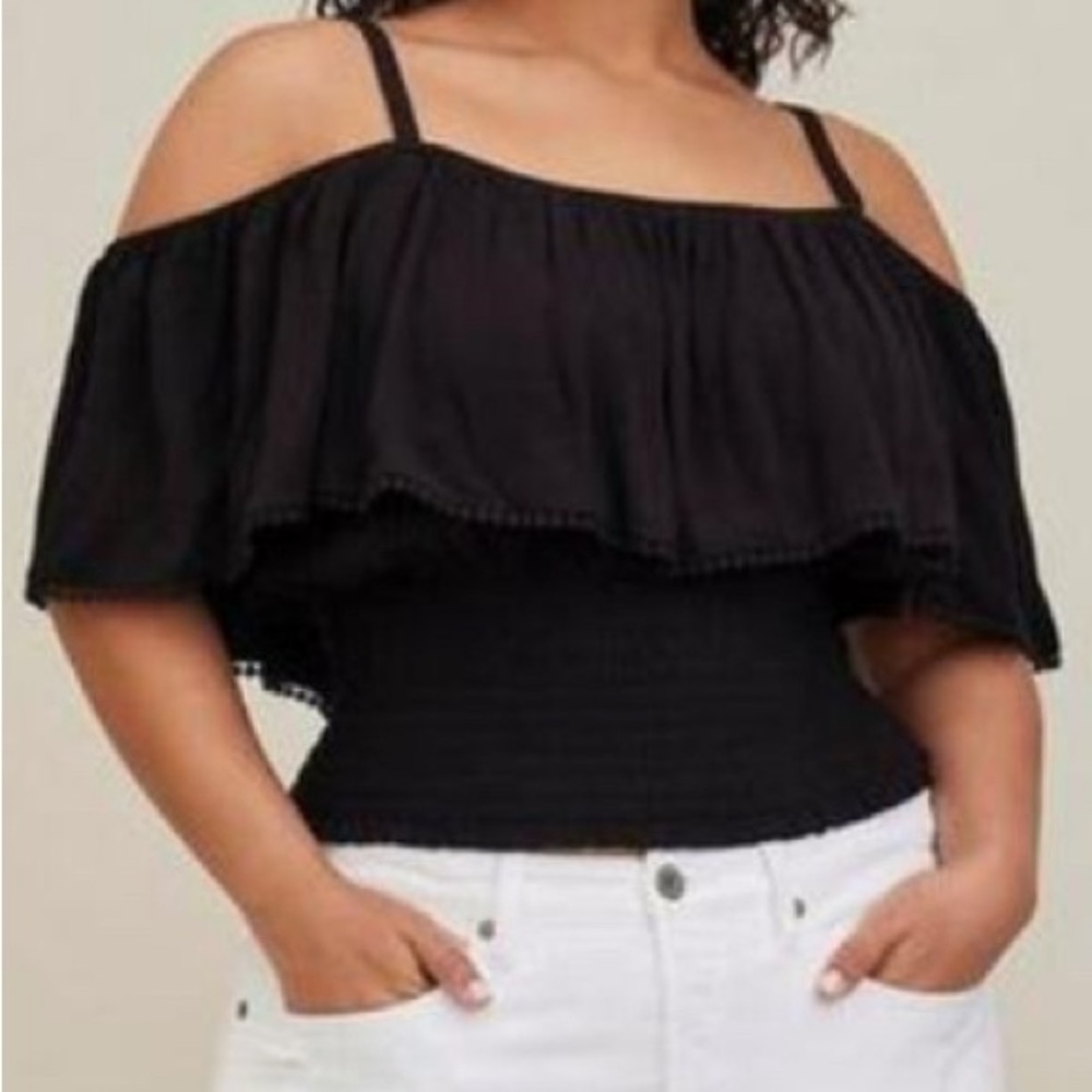 Crinkle Gauze Cold Shoulder Ruffle Top